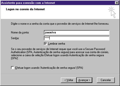 Logon para correio na Internet, Nome da conta, Senha